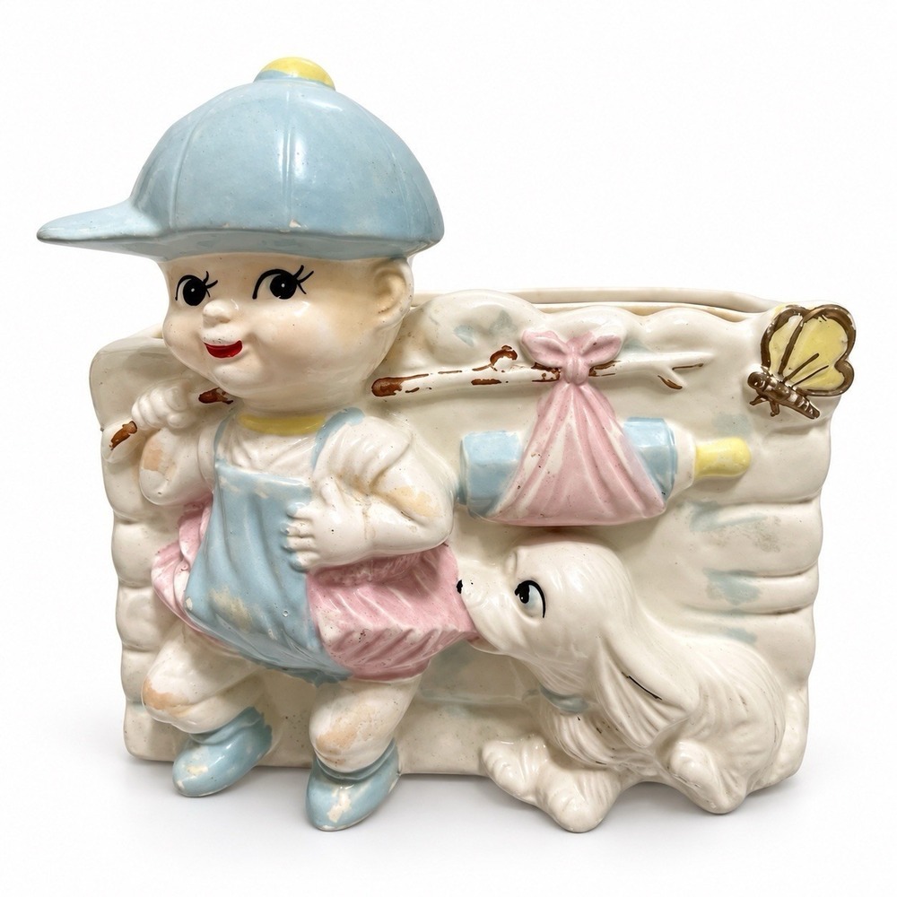 Vintage Napco Ware Baby Boy Puppy Nursery Planter Q633 Pink Blue Ceramic